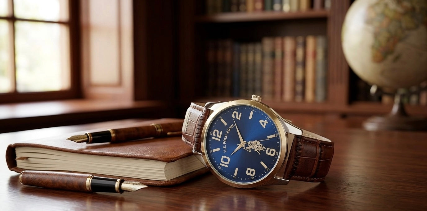 U.S. Polo Assn. Men's Analog Dress Watch with Blue Sunray Dial Gold-Tone Bezel
