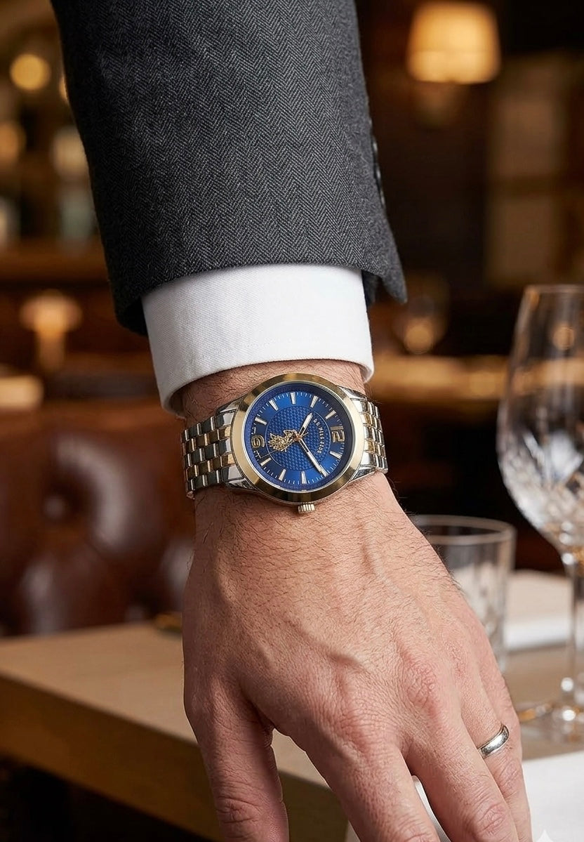 U.S. Polo Assn. Men's Analog Bracelet Watch – Blue Dial with Gold-Tone Bezel