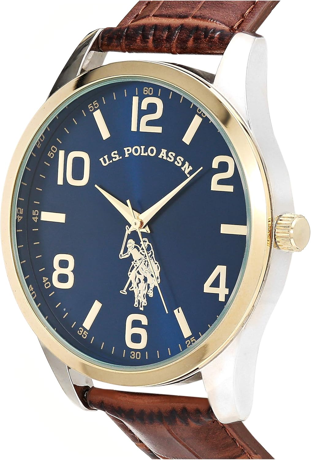 U.S. Polo Assn. Men's Analog Dress Watch with Blue Sunray Dial Gold-Tone Bezel