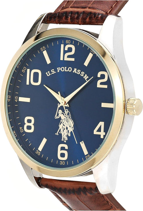 U.S. Polo Assn. Men's Analog Dress Watch with Blue Sunray Dial Gold-Tone Bezel