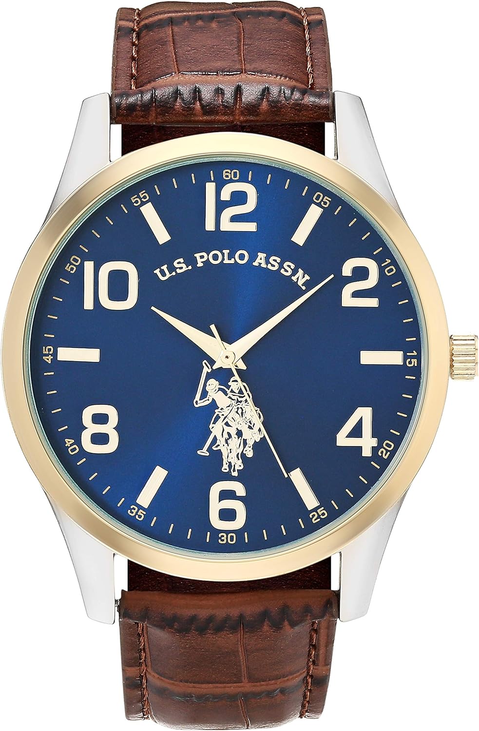 U.S. Polo Assn. Men's Analog Dress Watch with Blue Sunray Dial Gold-Tone Bezel