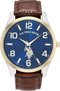U.S. Polo Assn. Men's Analog Dress Watch with Blue Sunray Dial Gold-Tone Bezel